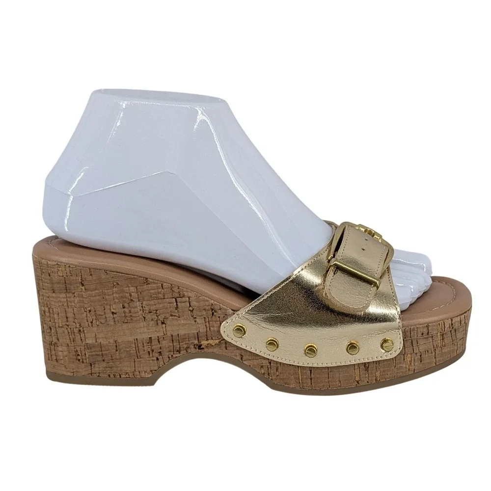 Time‎ and Tru Gold Metallic Wedge Sandals 6 Cork Platform Studded Buckle Glam